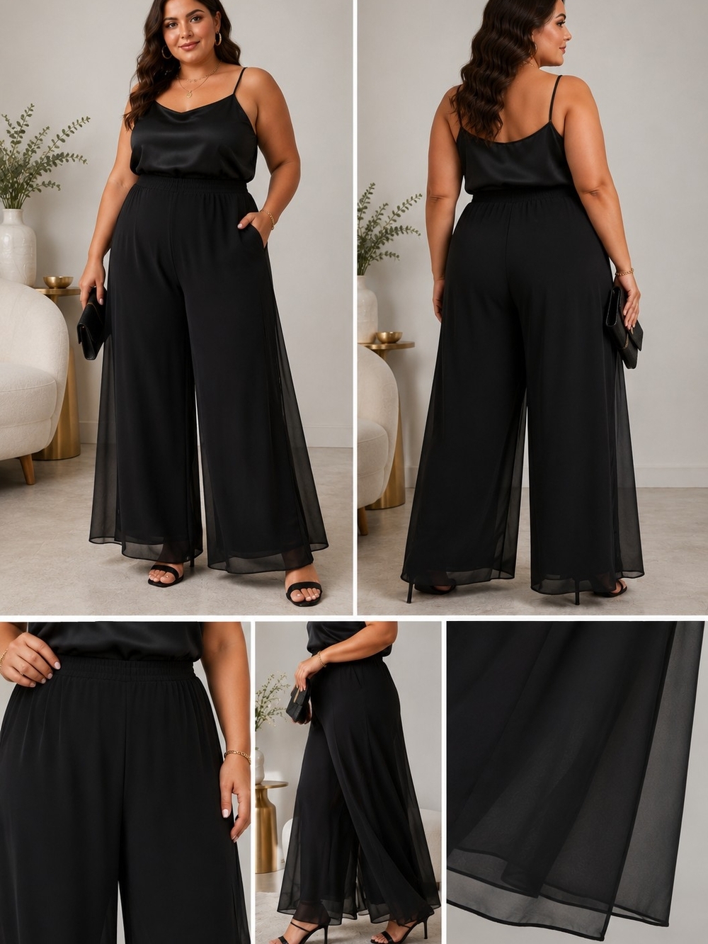 Alex Evenings Black Chiffon Overlay Wide Leg Pants 3X Elegant Evening Wear